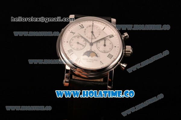 Patek Philippe Grand Complication Chrono Venus 7750 Manual Winding Steel Case with White Dial Black Leather Strap and Roman Numeral Markers - Click Image to Close